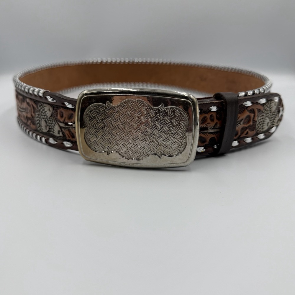 Hand Painted Western Cowboy Brown Leather Belt‎ Silver Buckle/Detail Size 38
